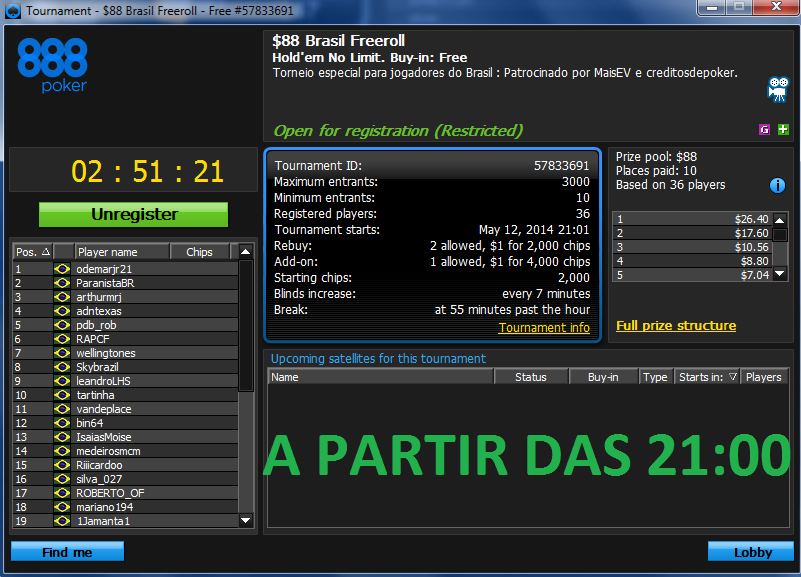 Freeroll 888 Brasil Freeroll