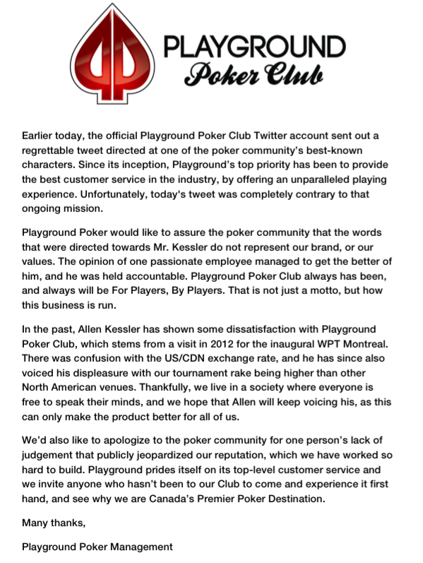 Comunicado rake Playground Poker Club
