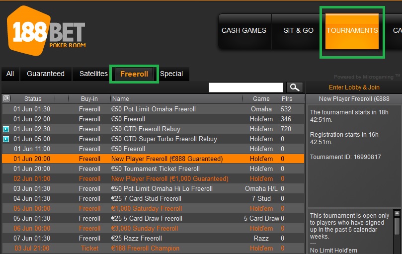 188bet lobby freerolls