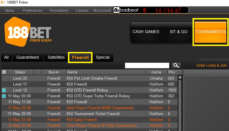 lobby 188bet freroll