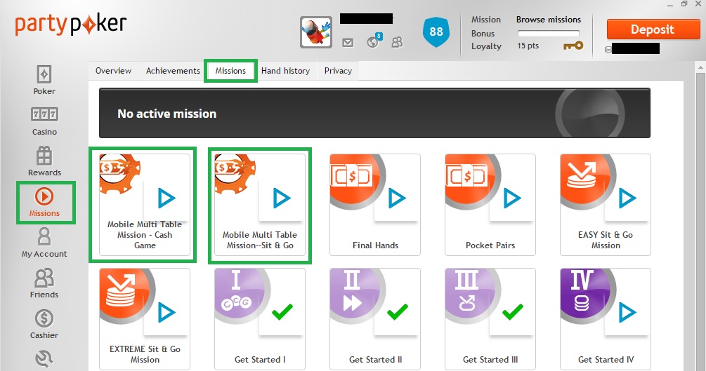 lobby missoes partypoker