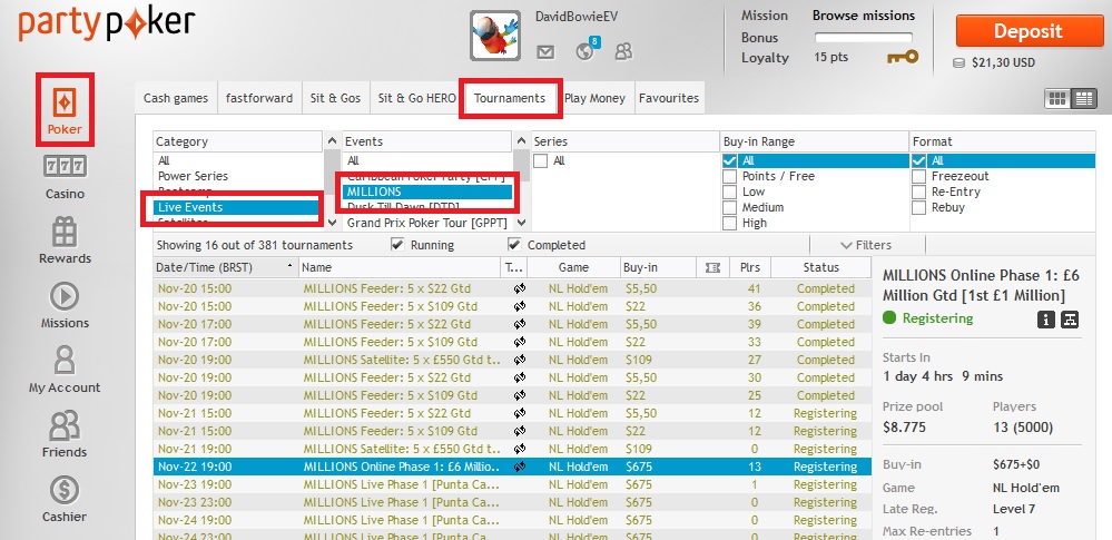partypoker millions lobby