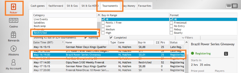 lobby partypoker brasil power series giveaway