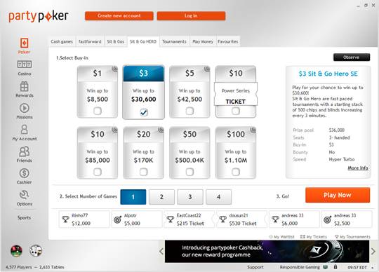 lobby sit go hero partypoker