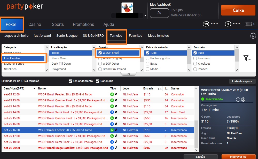 lobby ultimos satelites wsop brasilpartypoker