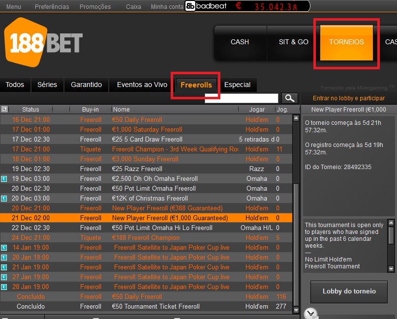 lobby freerolls 188bet