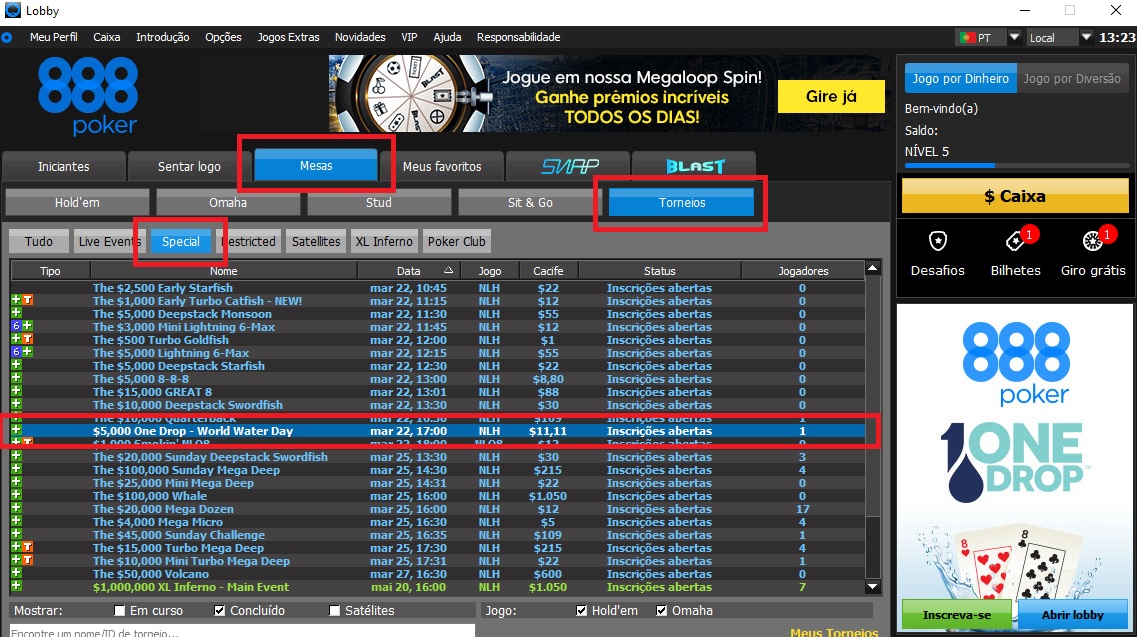 888poker one drop lobby