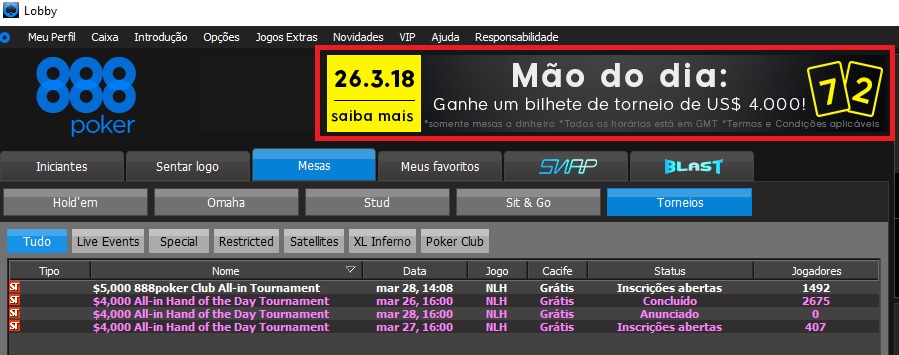 lobby 888poker mão do dia