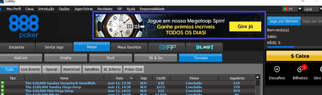lobby megaloop spin 888poker