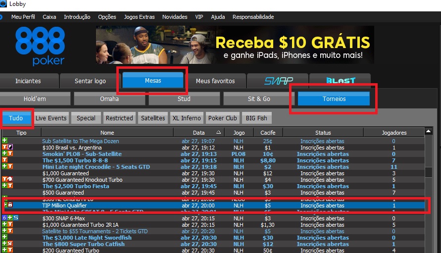 lobby tip million satelite 888poker