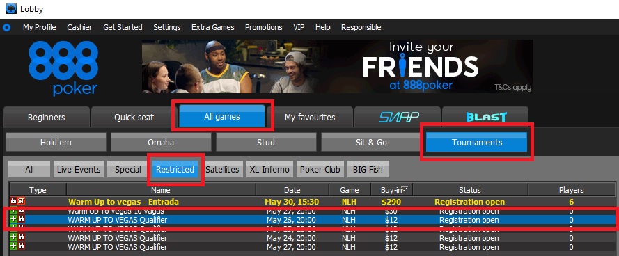 warm up to vegas lobby 888poker