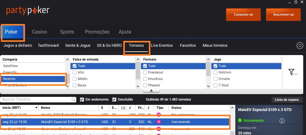 lobby partypoker satélite 23 jul