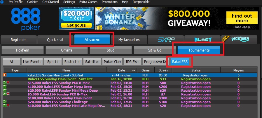 rakeless 888poker lobby