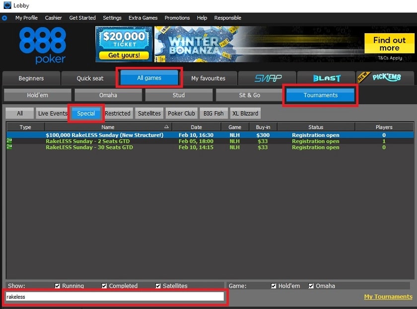 rakeless 888poker lobby 10 fev
