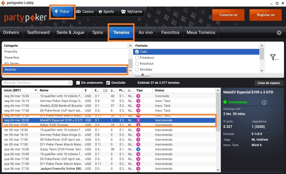 lobby satelite partypoker 4 fev