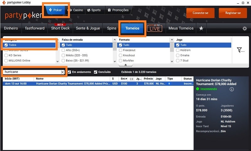 Torneio de Caridade Online Hurricane Dorian lobby partypoker