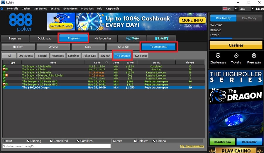 lobby the dragon 888poker