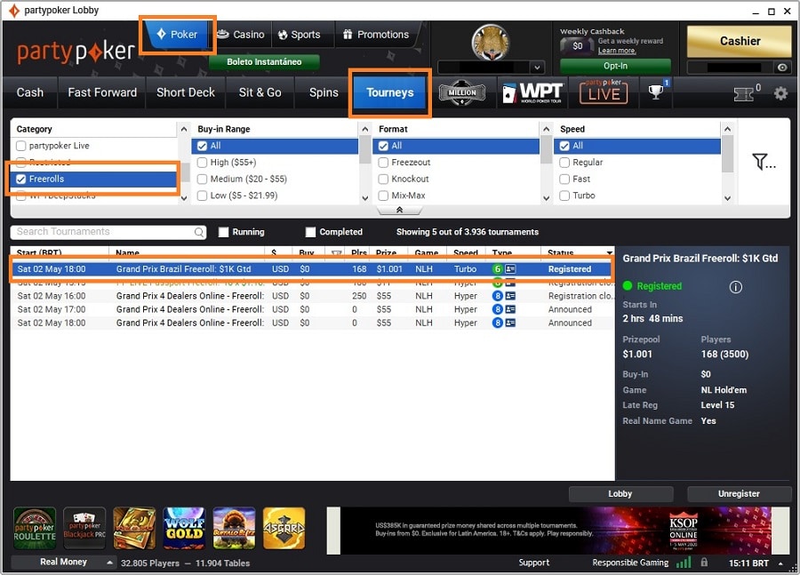 lobby grand prix brazil freeroll partypoker