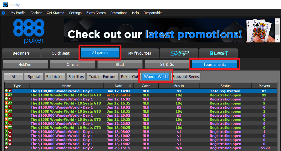 wonderworld 888poker lobby