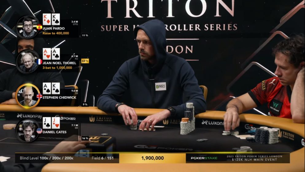 Juan Pardo Dominguez folda K-K pré-flop na FT do US$ 125K da Triton Londres