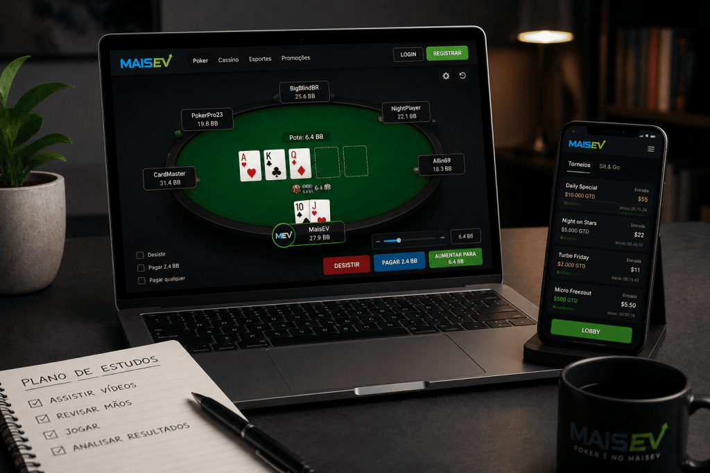 Interface moderna de uma plataforma de poker online aberta em notebook e smartphone.